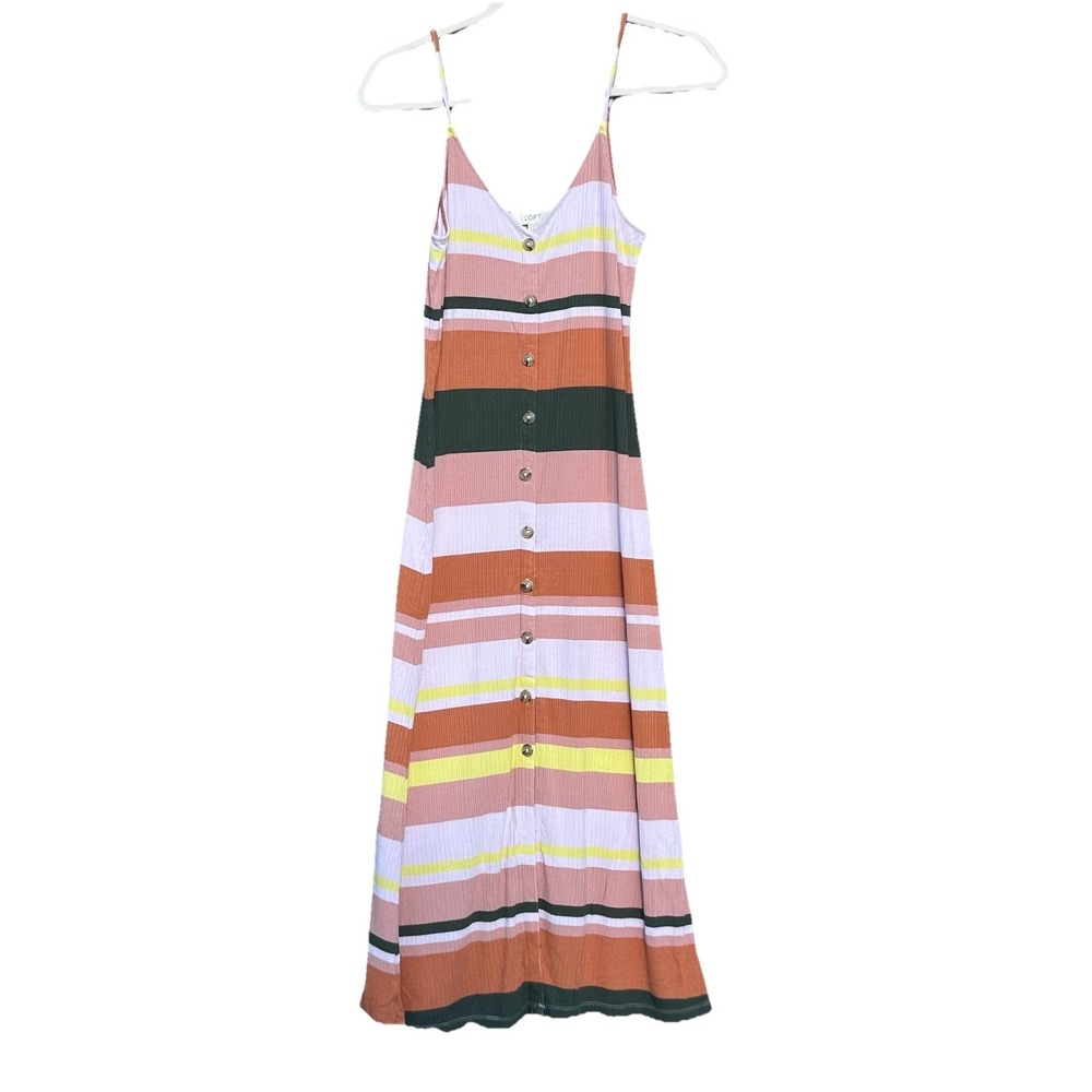 LOFT Women's Striped Maxi Dress Size Small Multicolor Button Trim 90s Grunge
